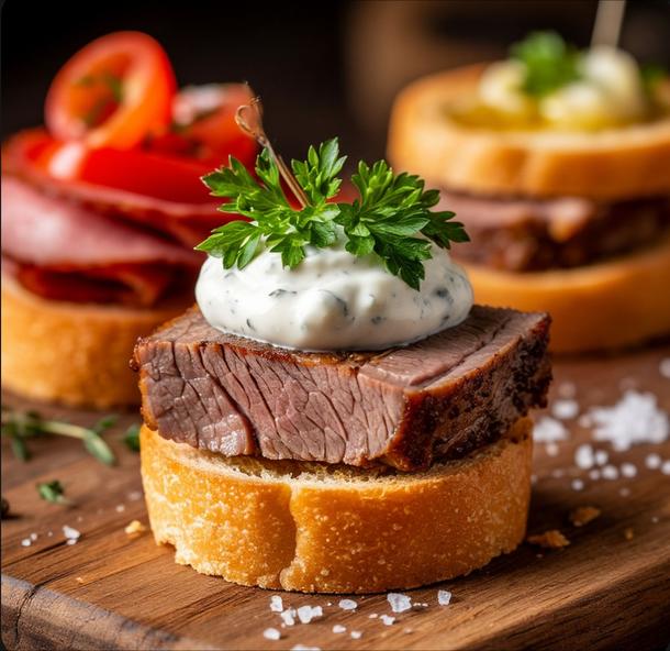 Канапе с домашней бужениной и соусом из хрена