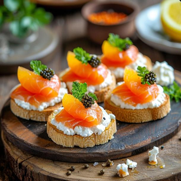 Кростини с красной рыбой и лимоном с творожным сыром украшенная икрой